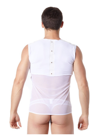 V-shirt débardeur blanc satiné avec bandes style cuir et dos avec transparence - LM807-77WHT